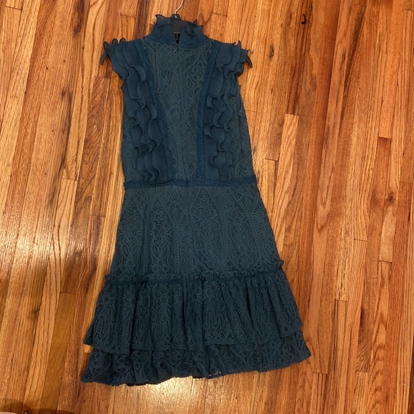 AQUA FOREST GREEN LACE DRESS WITH RUFFLE AND MOCK NECK - Picture 3 of 6